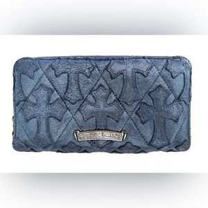 Chrome Hearts Clutch Wallet Metallic Blue Quilted Leather Cemetery Crosses NEW